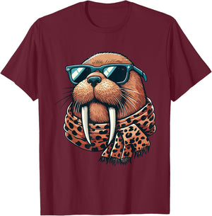 Walrus Wearing Leopard Scarf Animal Wearing Sunglasses T-Shirt - T-Shirt | Maroon