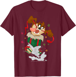 Looney Tunes Christmas Taz Twister Presents T-Shirt - T-Shirt | Maroon