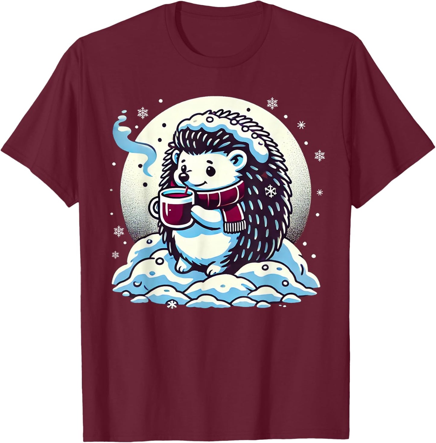 Hedgehog Enjoying Hot Chocolate In Snowy Winter T-Shirt - T-Shirt | Maroon