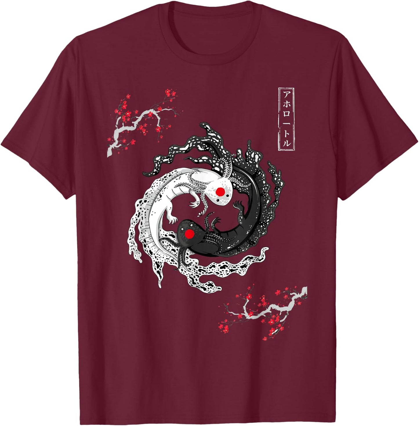 Axolotls Yin Yang Japanese Art Anime Graphic Axolotl Lover T-Shirt - T-Shirt | Maroon