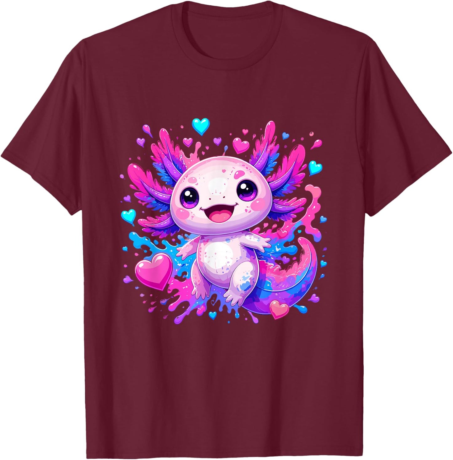 Cute Kawaii Axolotl with Colorful Hearts Splash T-Shirt - T-Shirt | Maroon
