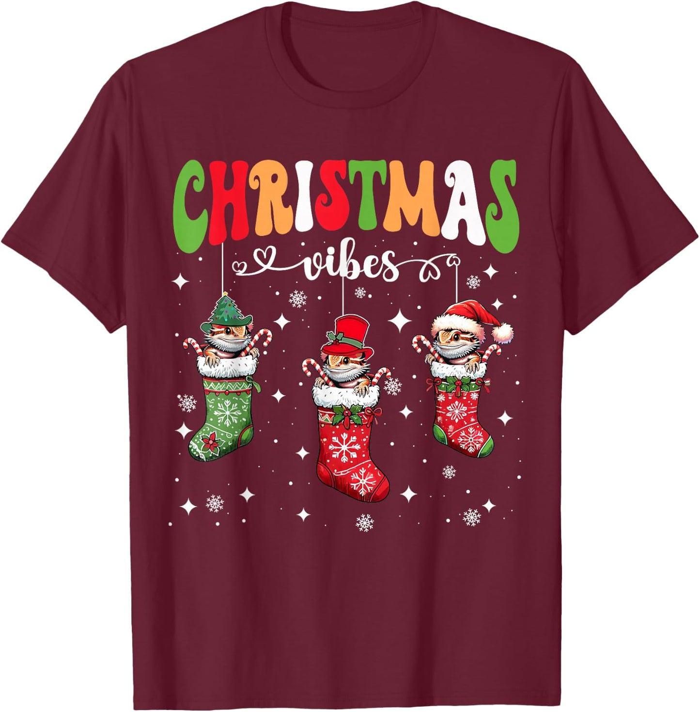 Cute Bearded Dragon In Xmas Socks Funny Christmas Lizard PJ T-Shirt - T-Shirt | Maroon
