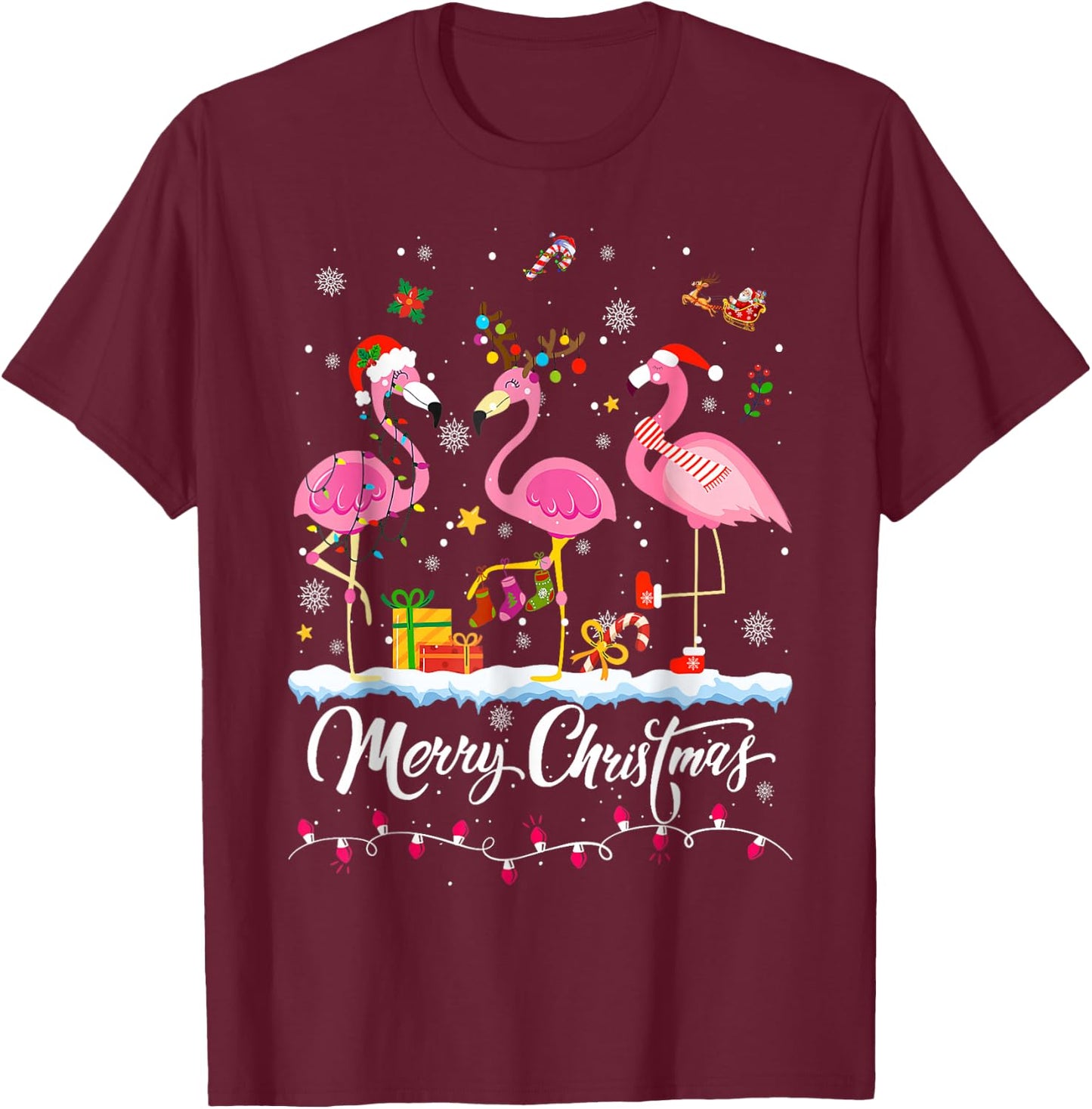 Merry Christmas Hat Santa Flamingo Light Christmas Snow T-Shirt - T-Shirt | Maroon
