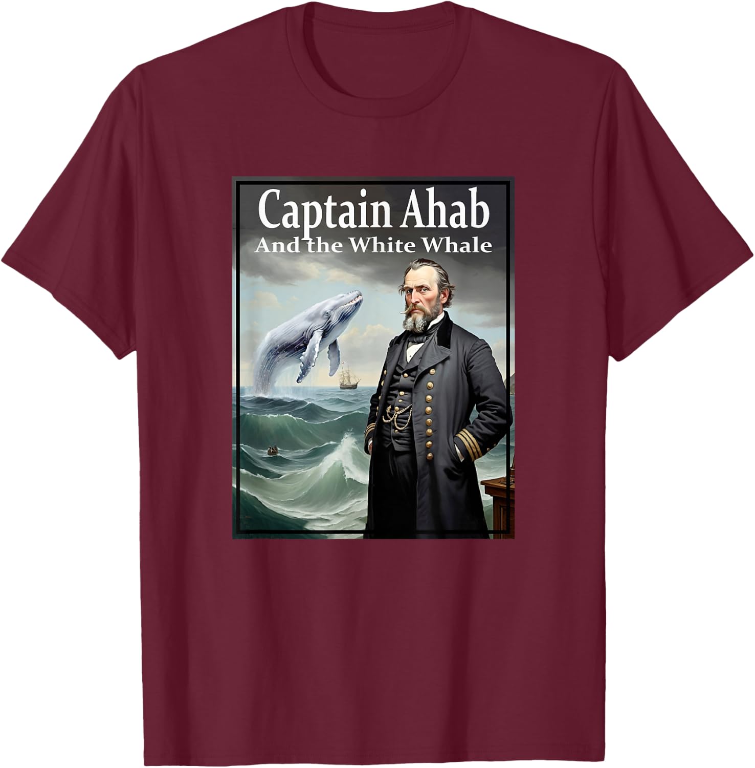 Illustration of Captain Ahab and the White Whale , Black, S T-Shirt - T-Shirt | Maroon