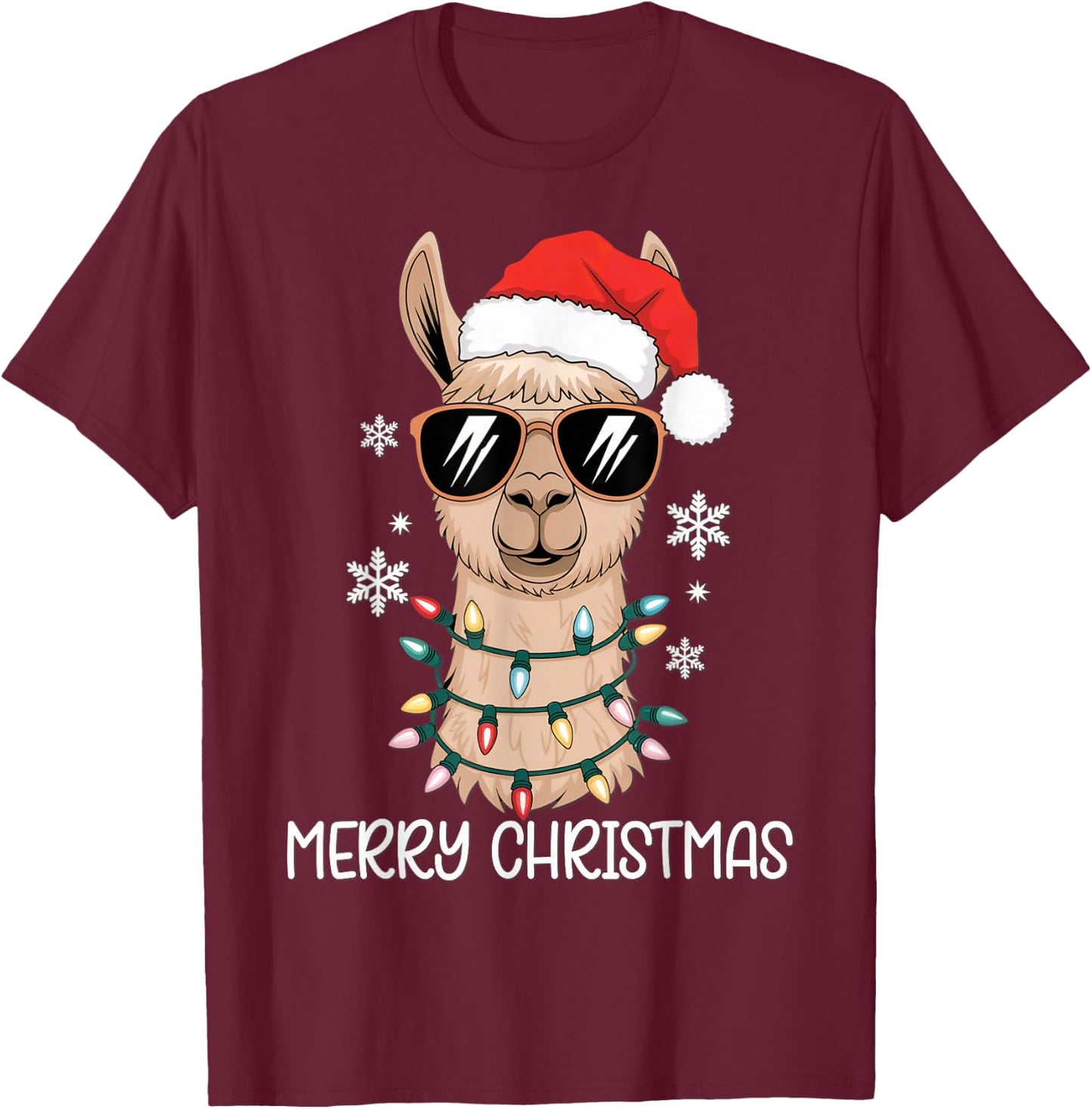 Merry Christmas Santa Llama with Holiday Lights Xmas T-Shirt - T-Shirt | Maroon