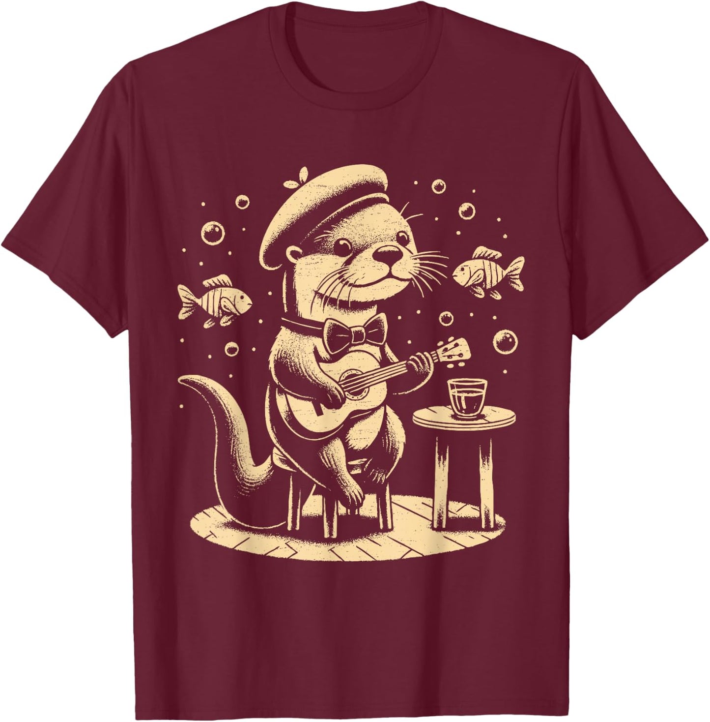Funny otter playing guitar jazz animal music amateur otter , Black, S T-Shirt - T-Shirt | Maroon