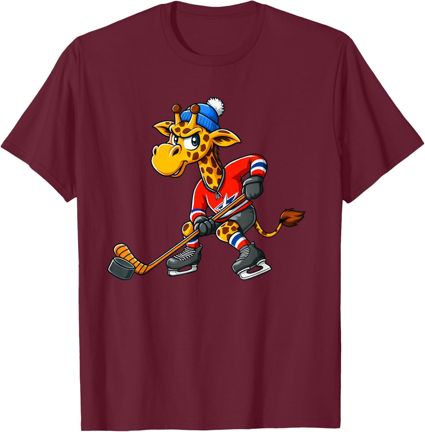 Cool Cartoon Hockey Giraffe T-Shirt - T-Shirt | Maroon