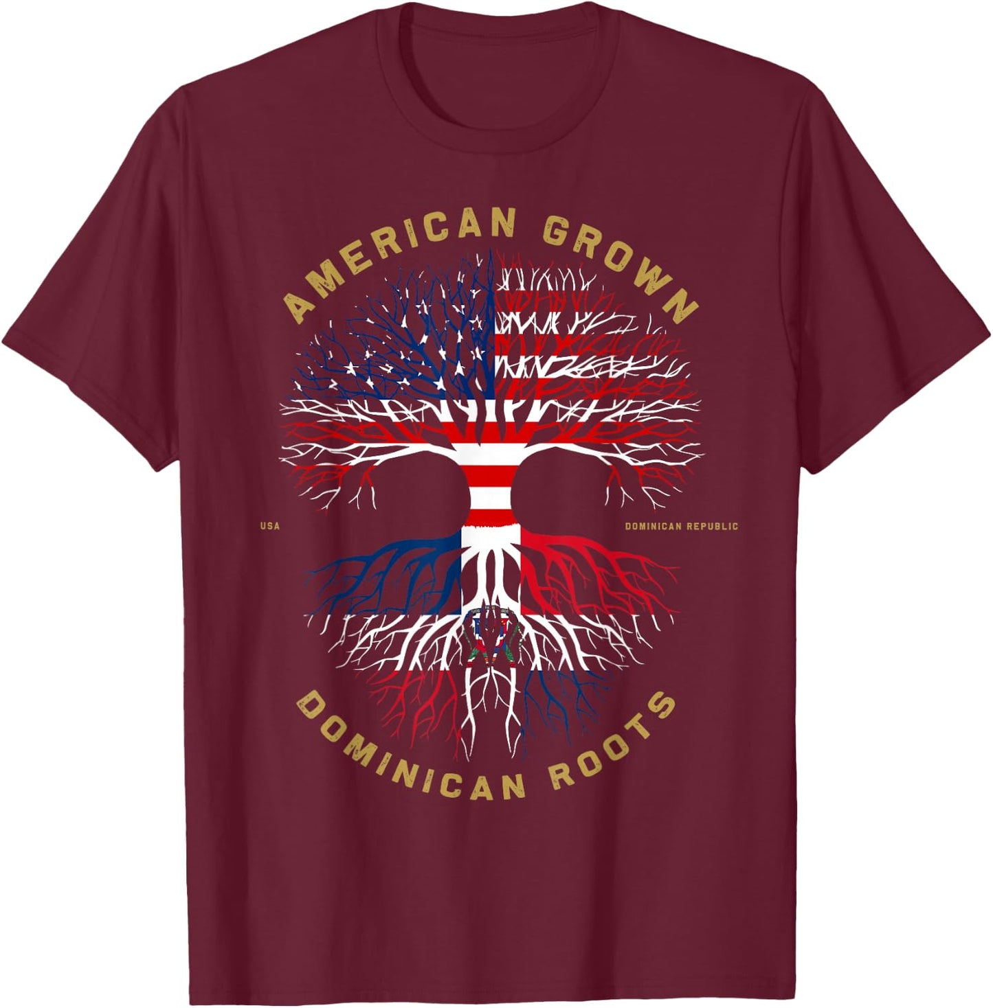 American Grown with Dominican Roots Tree USA Flag Gift T-Shirt - T-Shirt | Maroon