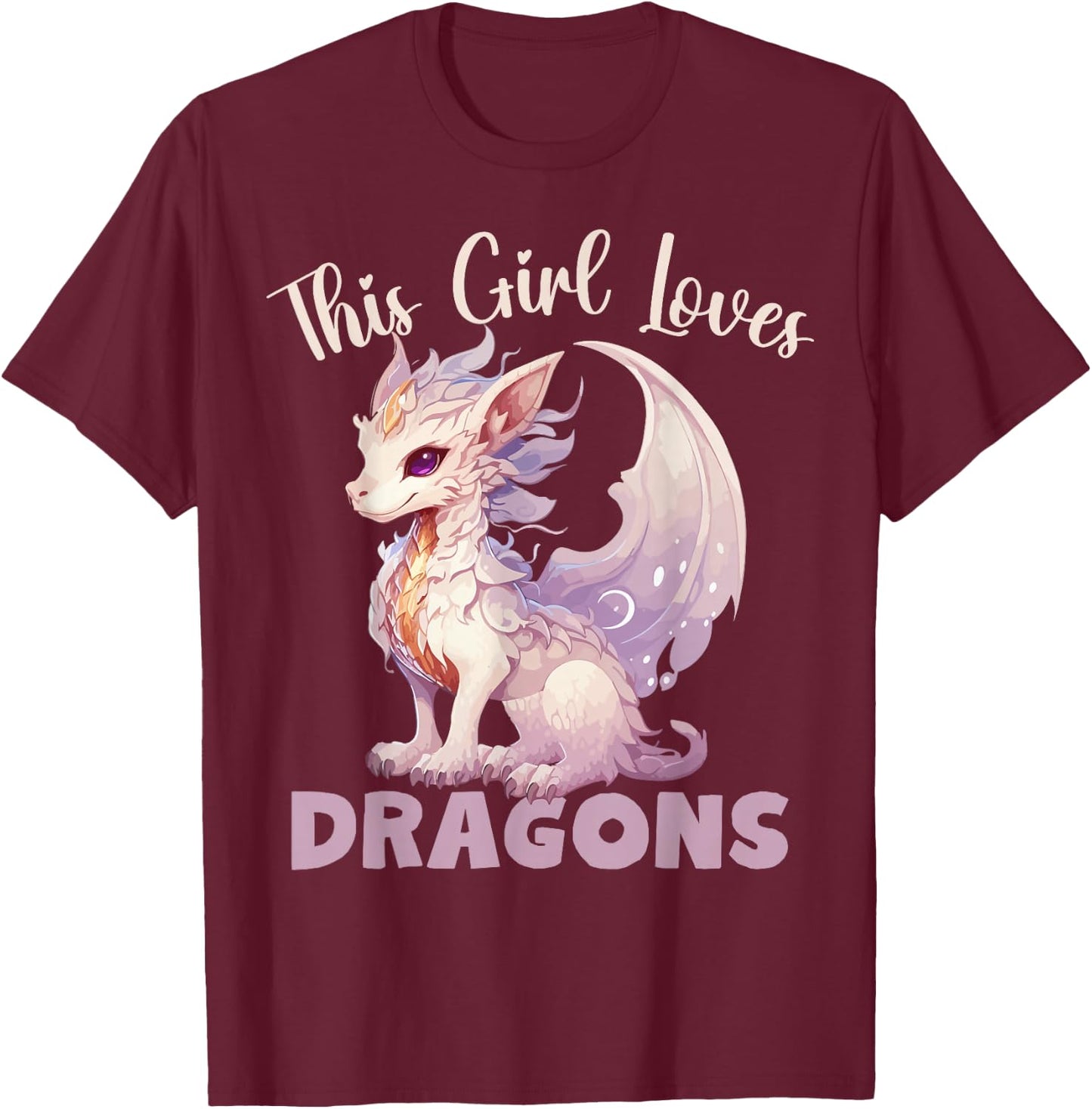 This Girl Loves Dragon for Girls in Pink and Purple , Black, S T-Shirt - T-Shirt | Maroon