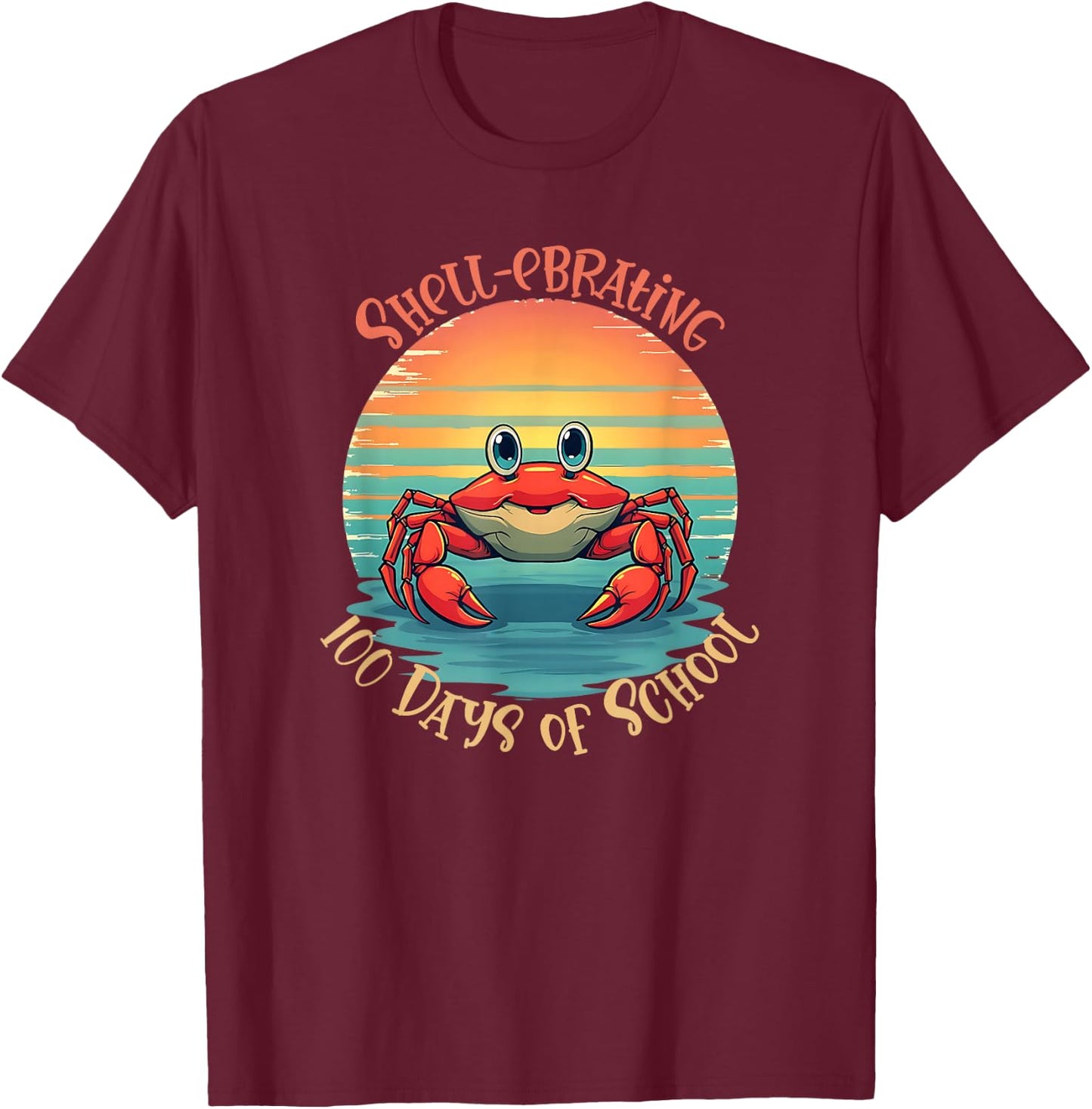 Retro 100 Days of School Crab Vintage Sunset Design T-Shirt - T-Shirt | Maroon