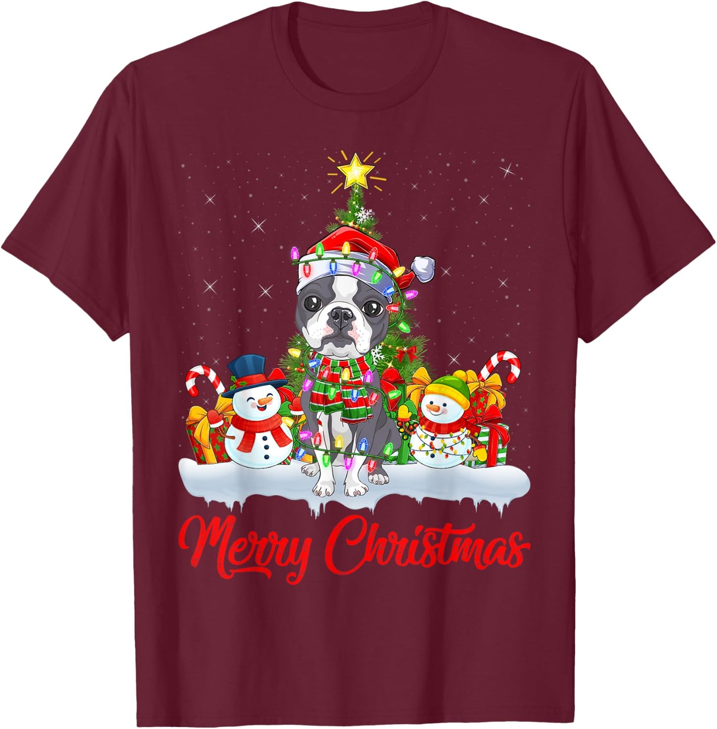 Rat Terrier Dog Xmas Tree Lights Santa Rat Terrier Christmas T-Shirt - T-Shirt | Maroon