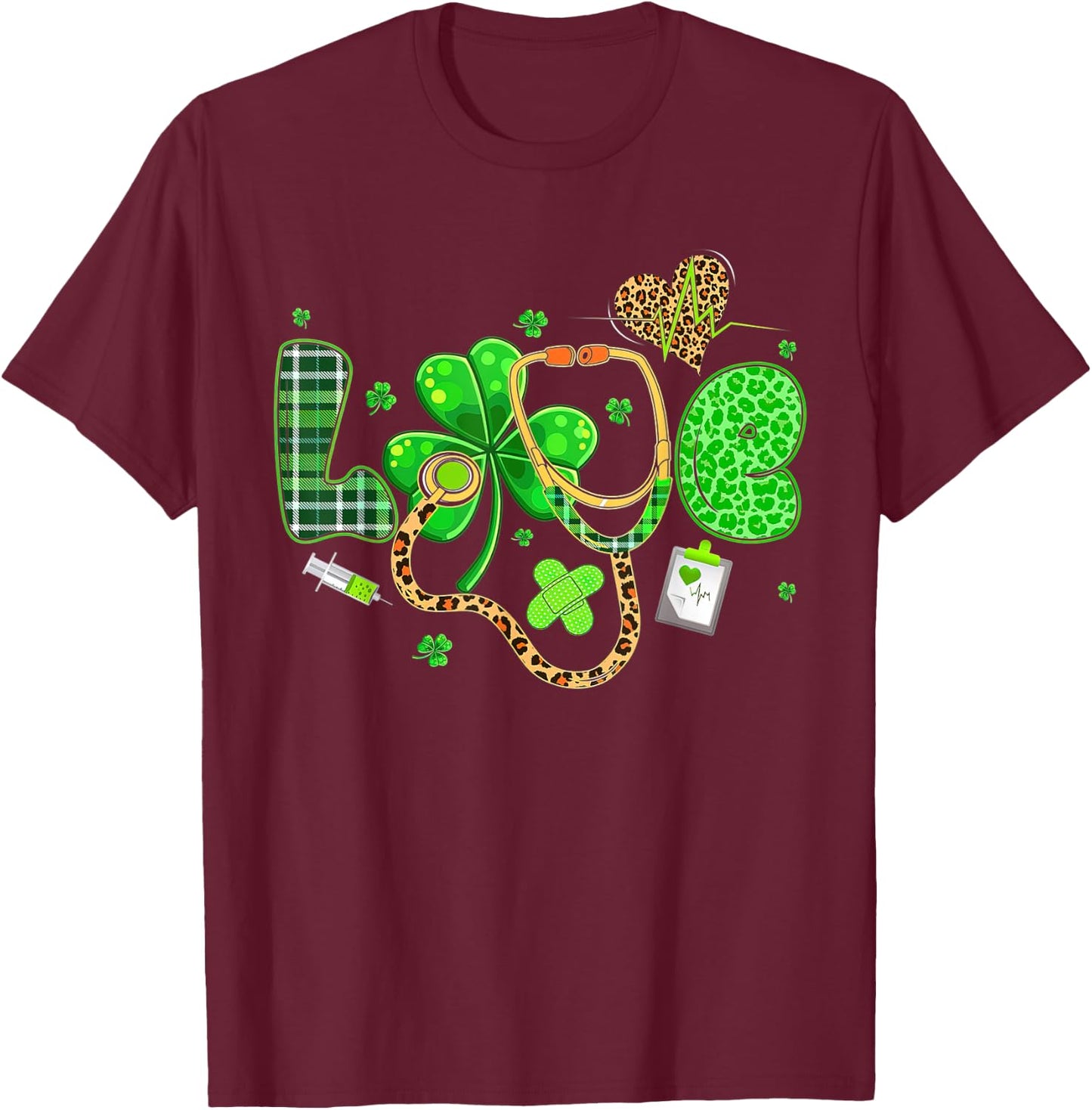 LOVE Nurse Leopard Stethoscope Shamrock St Patricks Day T-Shirt - T-Shirt | Maroon