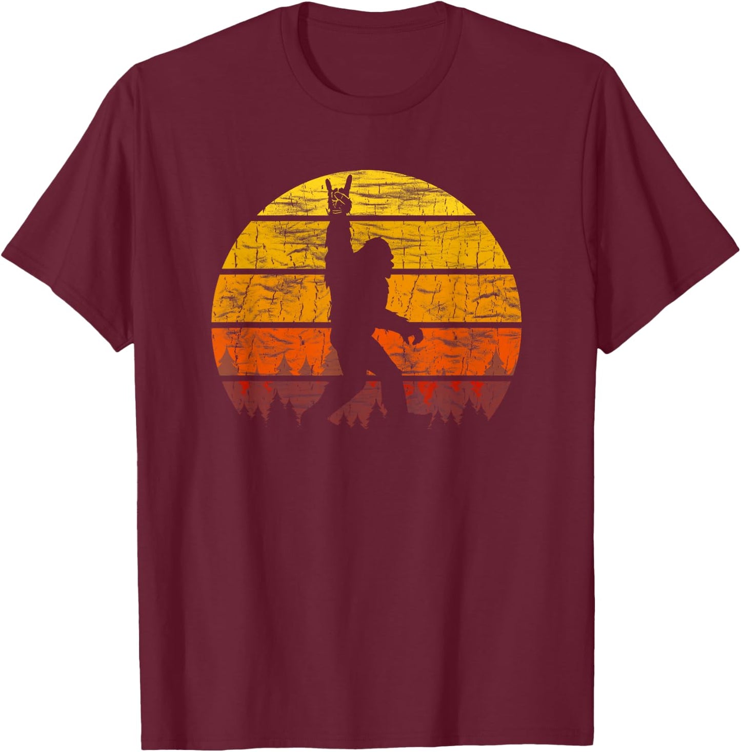 Retro Bigfoot Rock On Silhouette Sunset Believe 80s Graphic T-Shirt - T-Shirt | Maroon