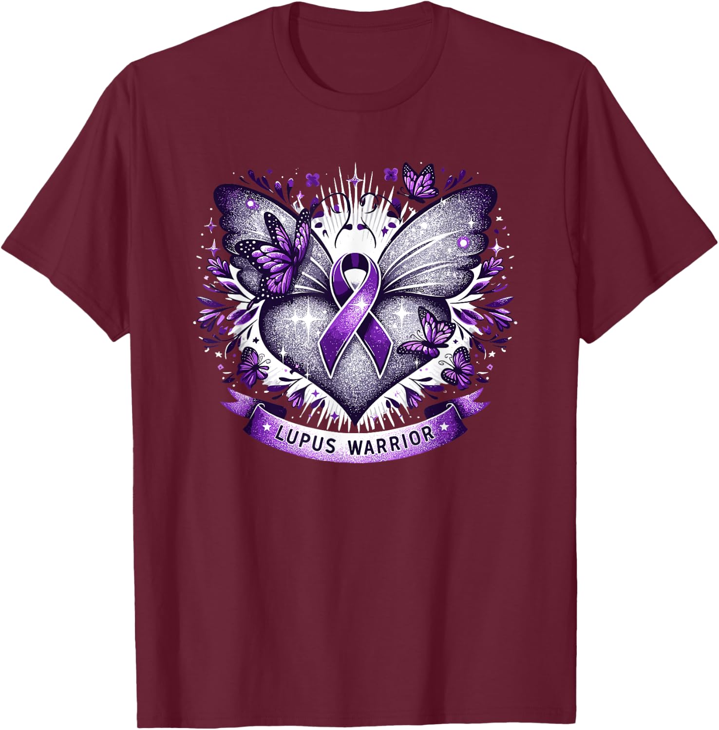 Lupus Awareness Warrior Survivor Butterfly Purple Heart , Black, S T-Shirt - T-Shirt | Maroon
