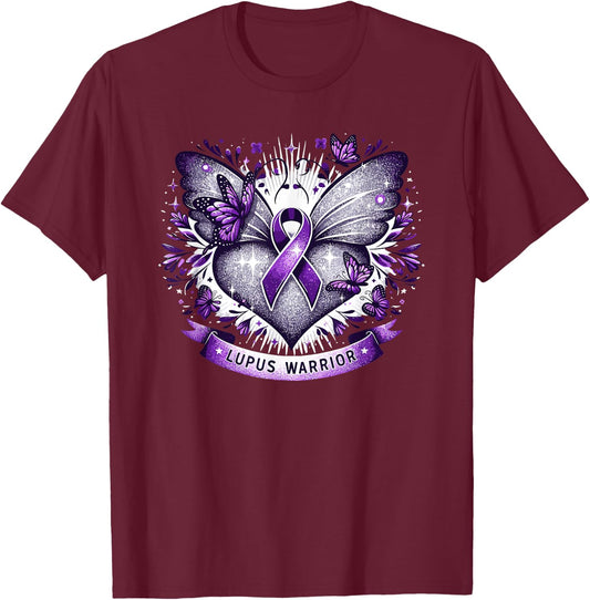 Lupus Awareness Warrior Survivor Butterfly Purple Heart , Black, S T-Shirt - T-Shirt | Maroon