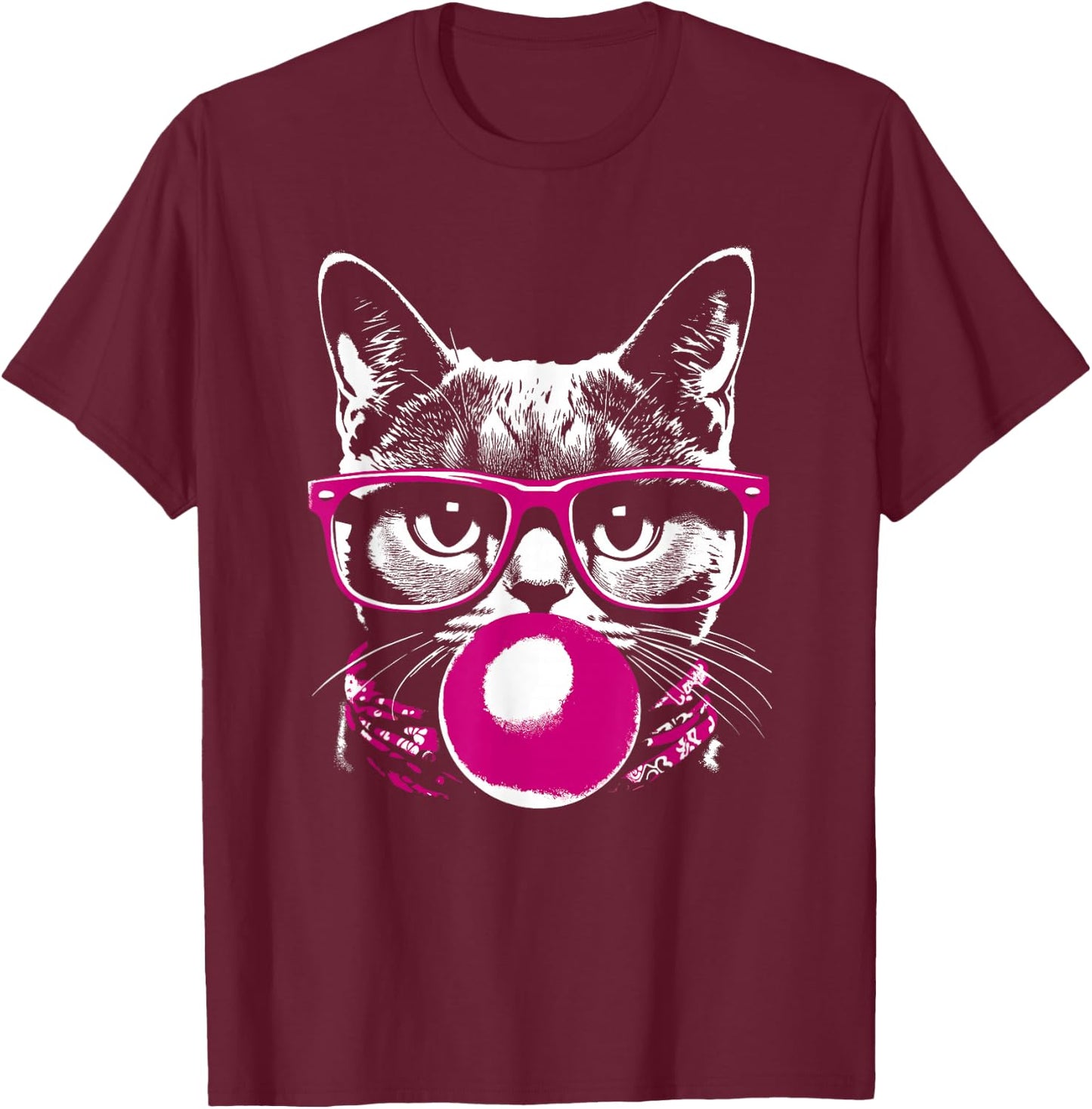 Cat in Pink Glasses Pink Bubble Men Women Kids Funny Cat T-Shirt - T-Shirt | Maroon