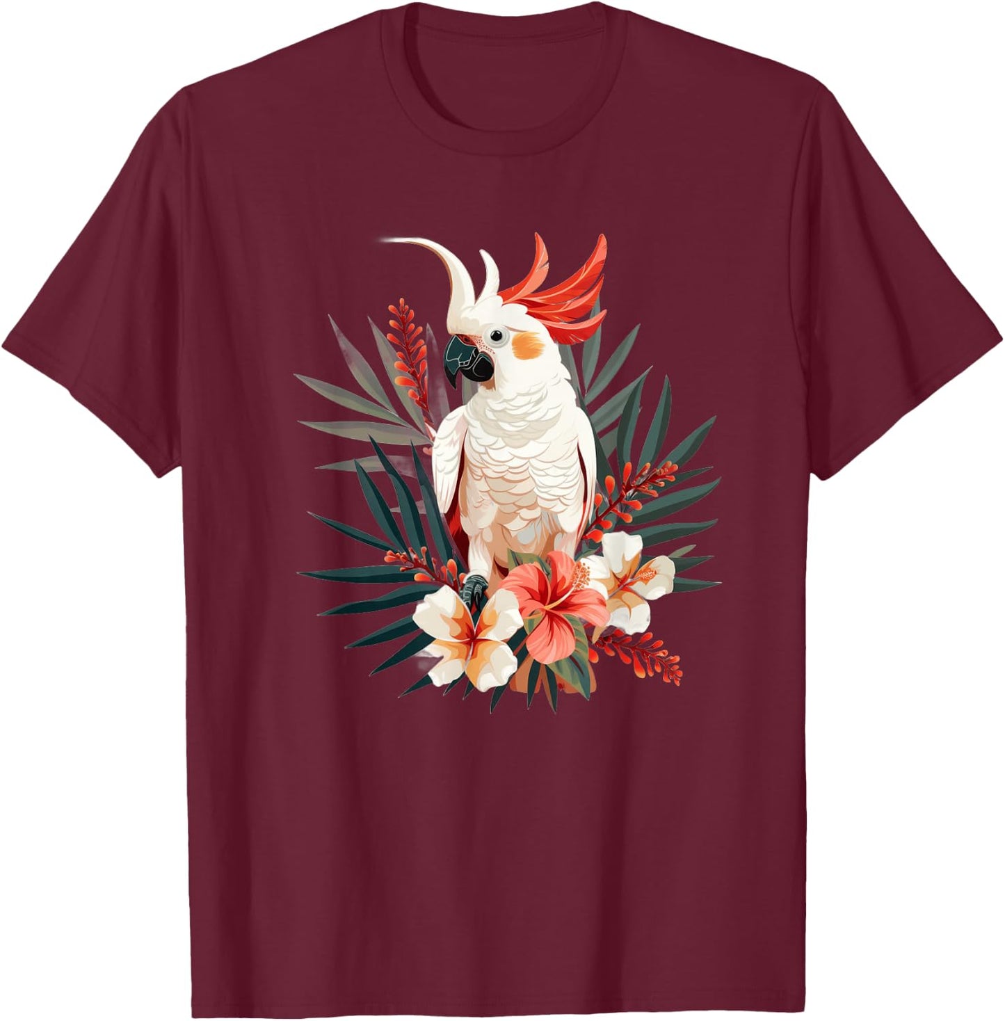 Moluccan Cockatoo With Tropical Flowers T-Shirt - T-Shirt | Maroon