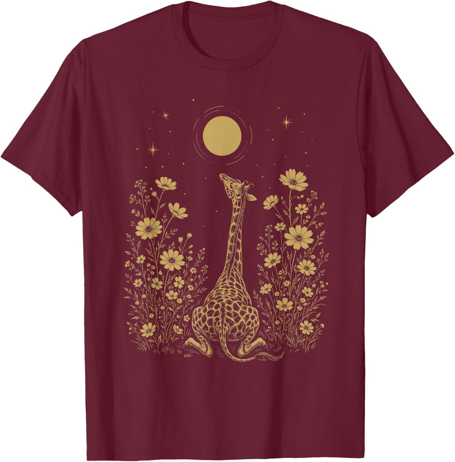 Giraffe Moon Night Flower Minimalist Boho Lover T-Shirt - T-Shirt | Maroon