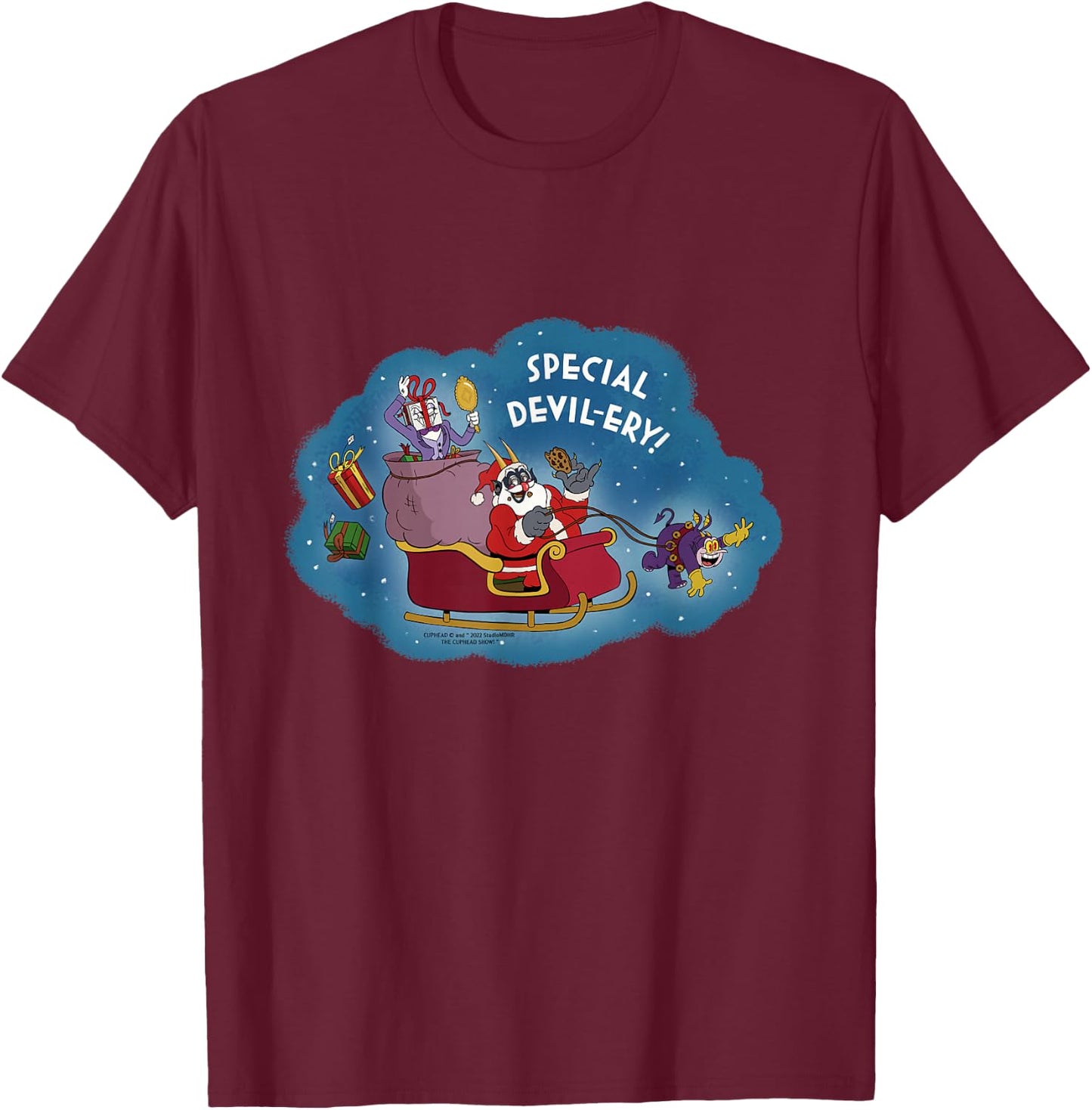 "SPECIAL DEVIL-ERY!" The Cuphead Show! Holiday Merch Graphic T-Shirt - T-Shirt | Maroon