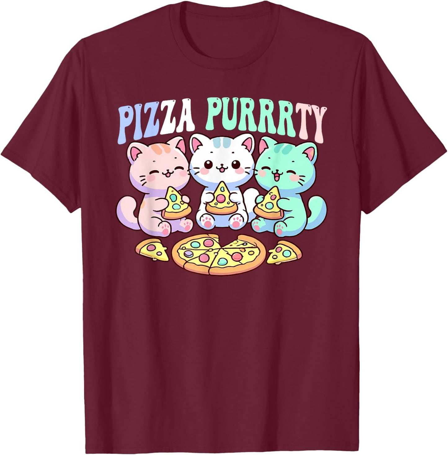 Cat pizza cute kawaii cats eating pizza purrrrty fun pastel T-Shirt - T-Shirt | Maroon