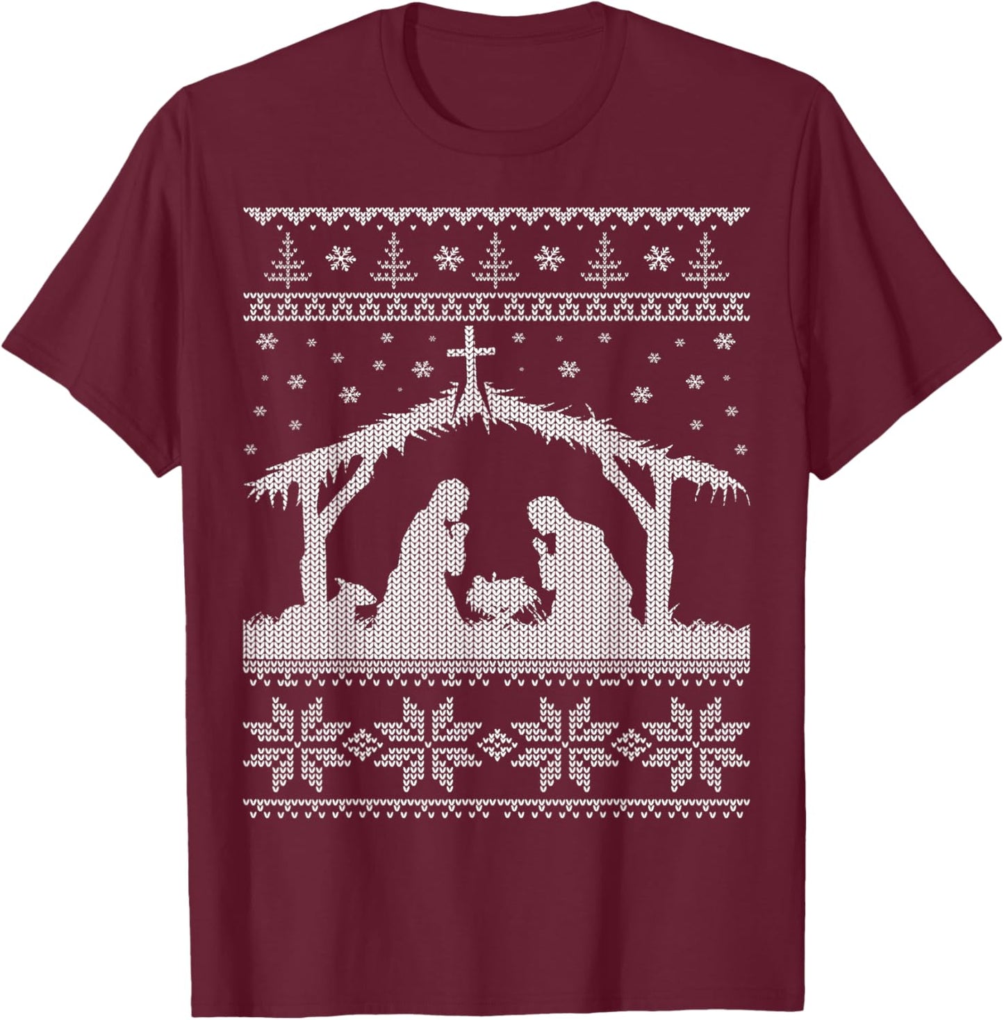 Nativity Scene Ugly Christmas Sweater Design Shirt T-Shirt - T-Shirt | Maroon