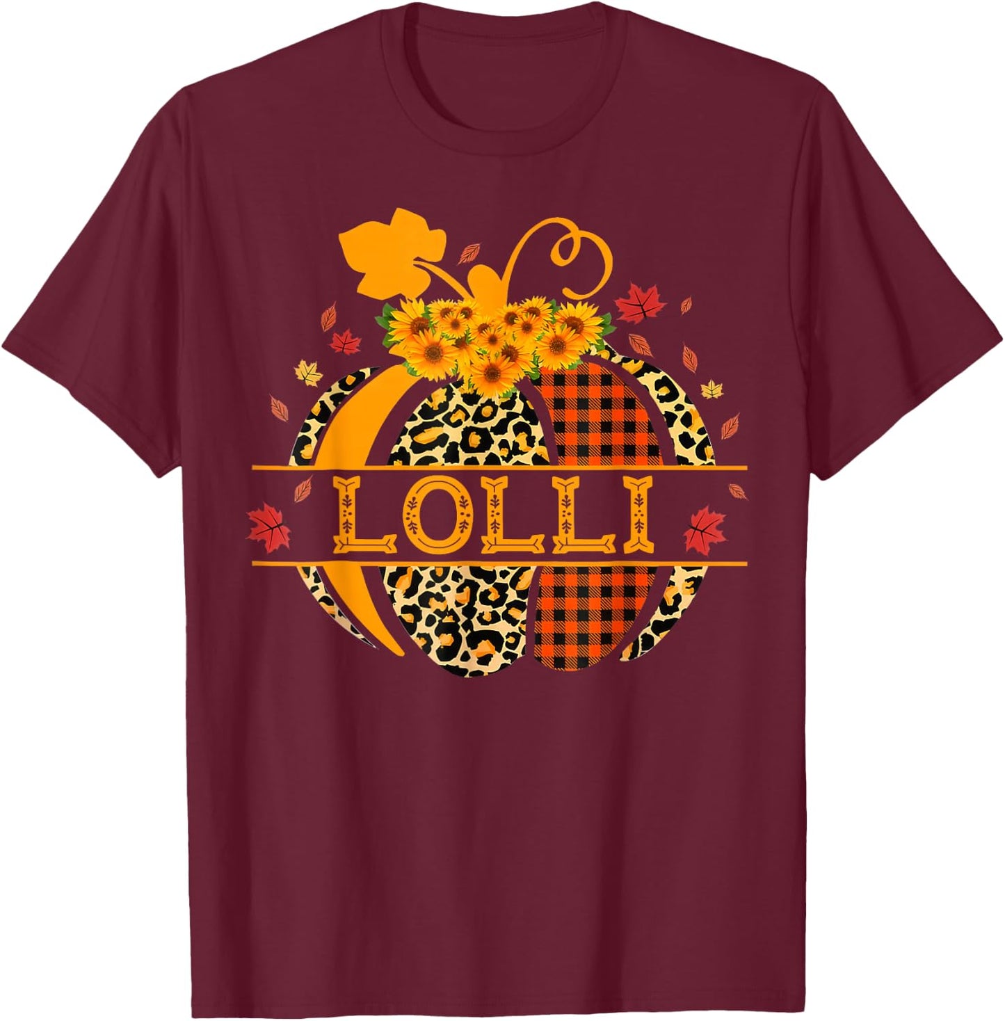 Lolli Leopard Floral Pumpkin Fall Autumn Thanksgiving T-Shirt - T-Shirt | Maroon