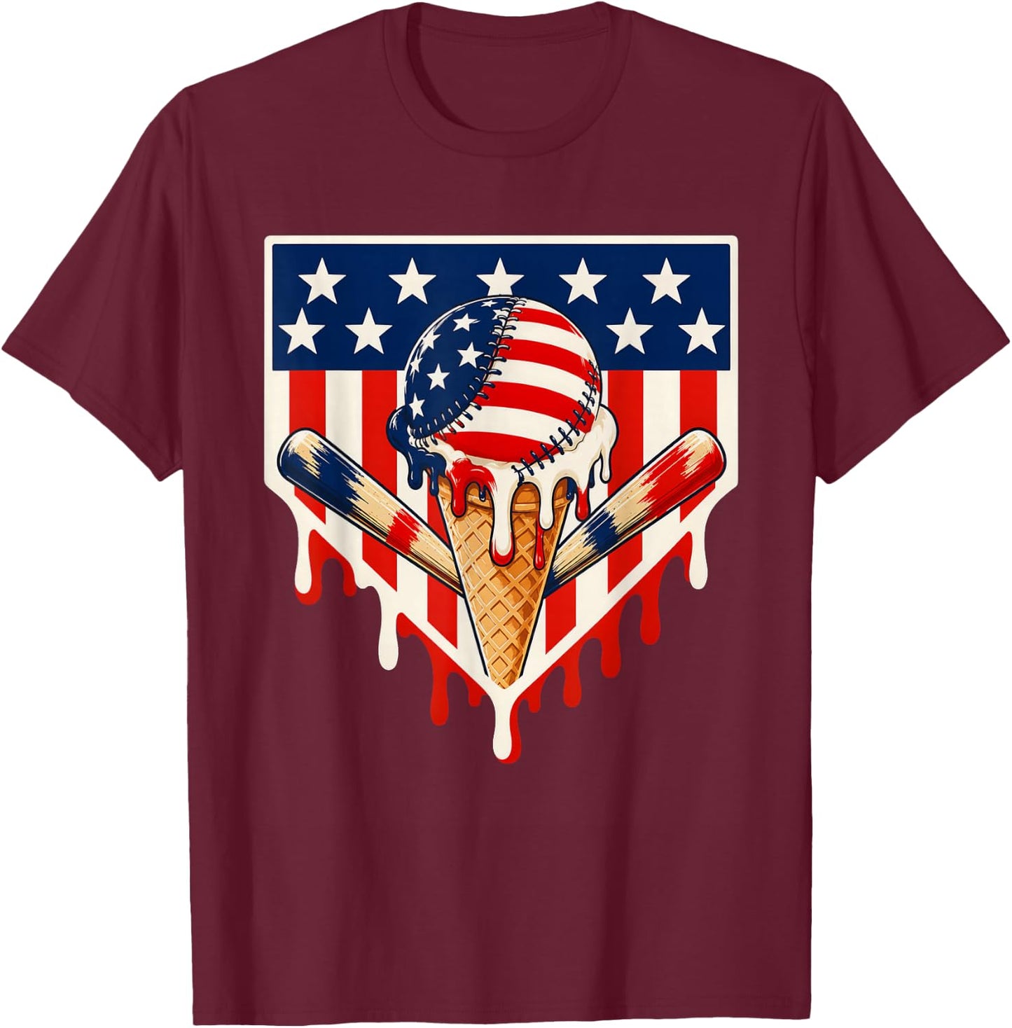 Baseball Ice Cream Drip Crossed Bats USA Flag 4th of July T-Shirt - T-Shirt | Maroon