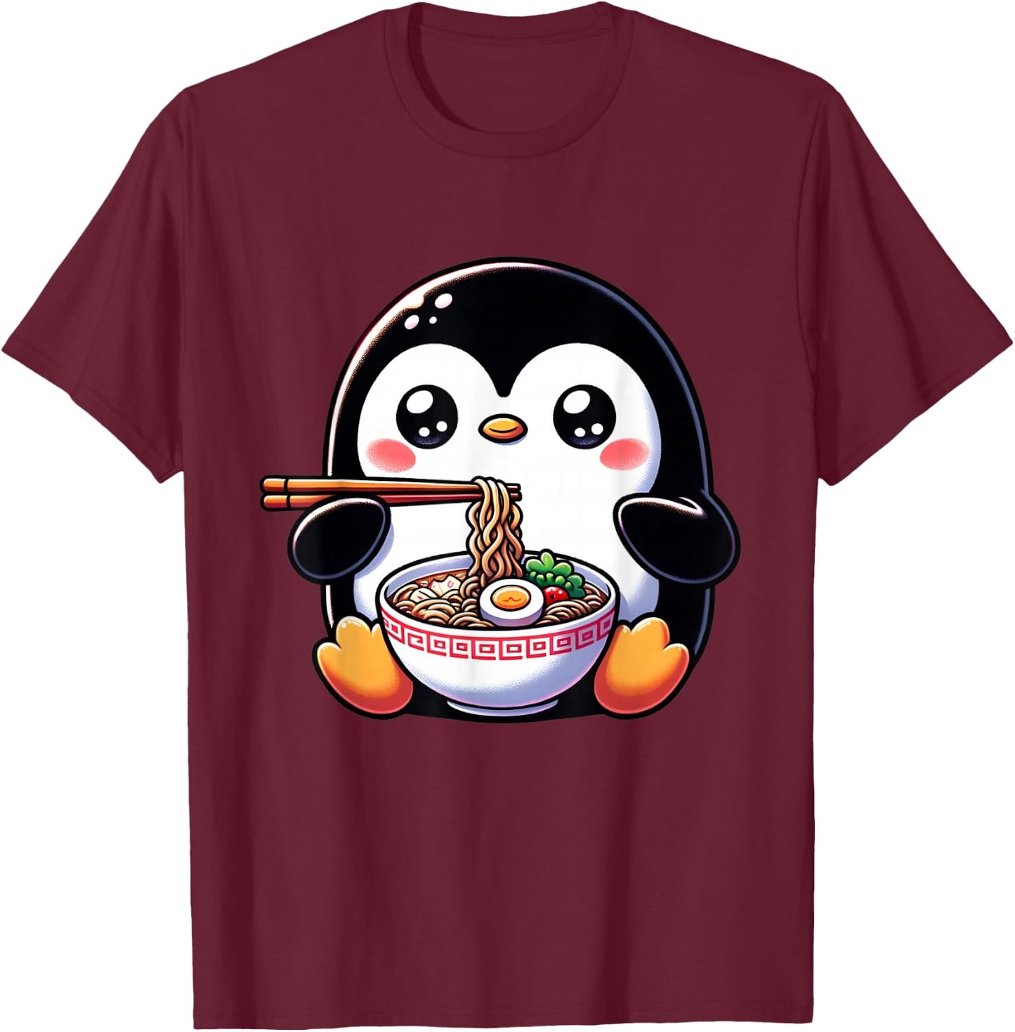 Kawaii Penguin Eating Ramen Noodles T-Shirt - T-Shirt | Maroon
