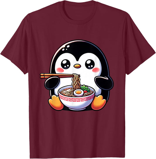 Kawaii Penguin Eating Ramen Noodles T-Shirt - T-Shirt | Maroon