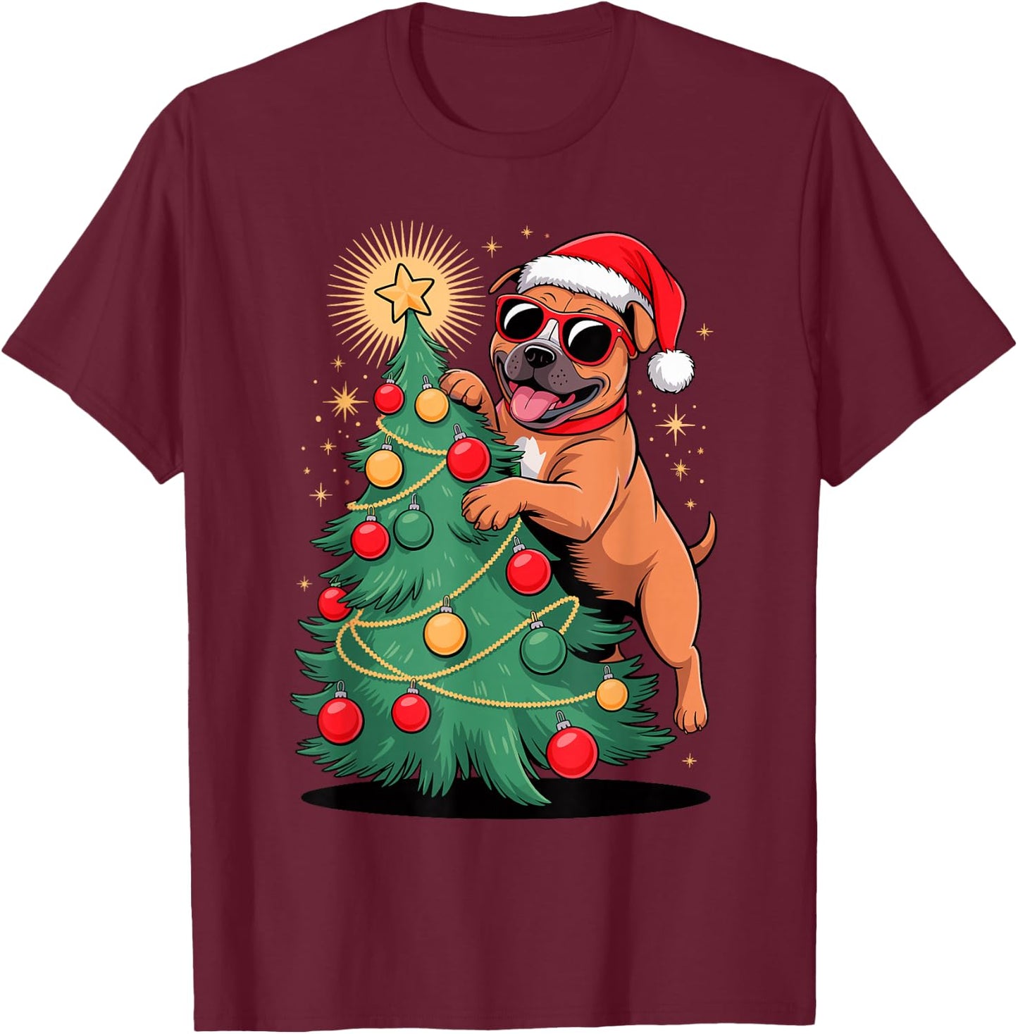 Christmas Tree Staffordshire Bull Terrier Sunglasses Staffy T-Shirt - T-Shirt | Maroon