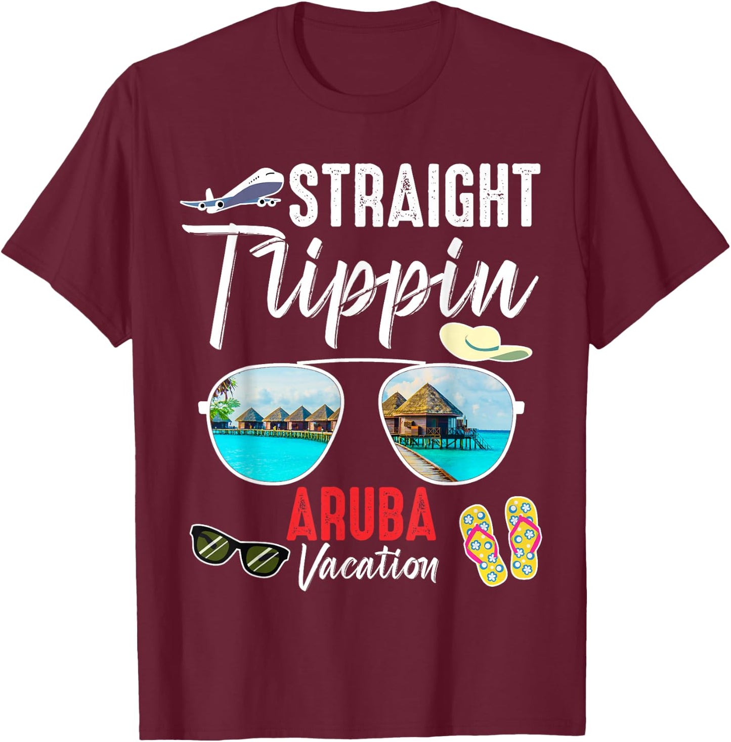 Straight Trippin ARUBA Trip 2025 Beach Summer Vacation 2025 T-Shirt - T-Shirt | Maroon