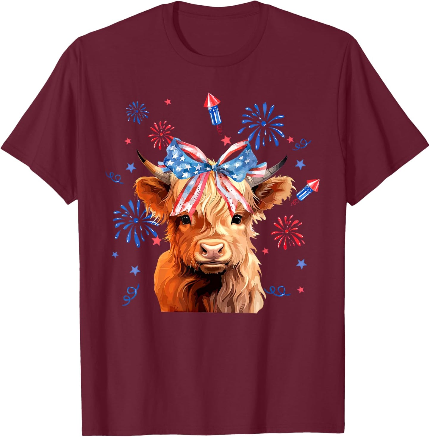 Coquette Highland Cow 4th Of July Patriotic Cute Animal T-Shirt - T-Shirt | Maroon