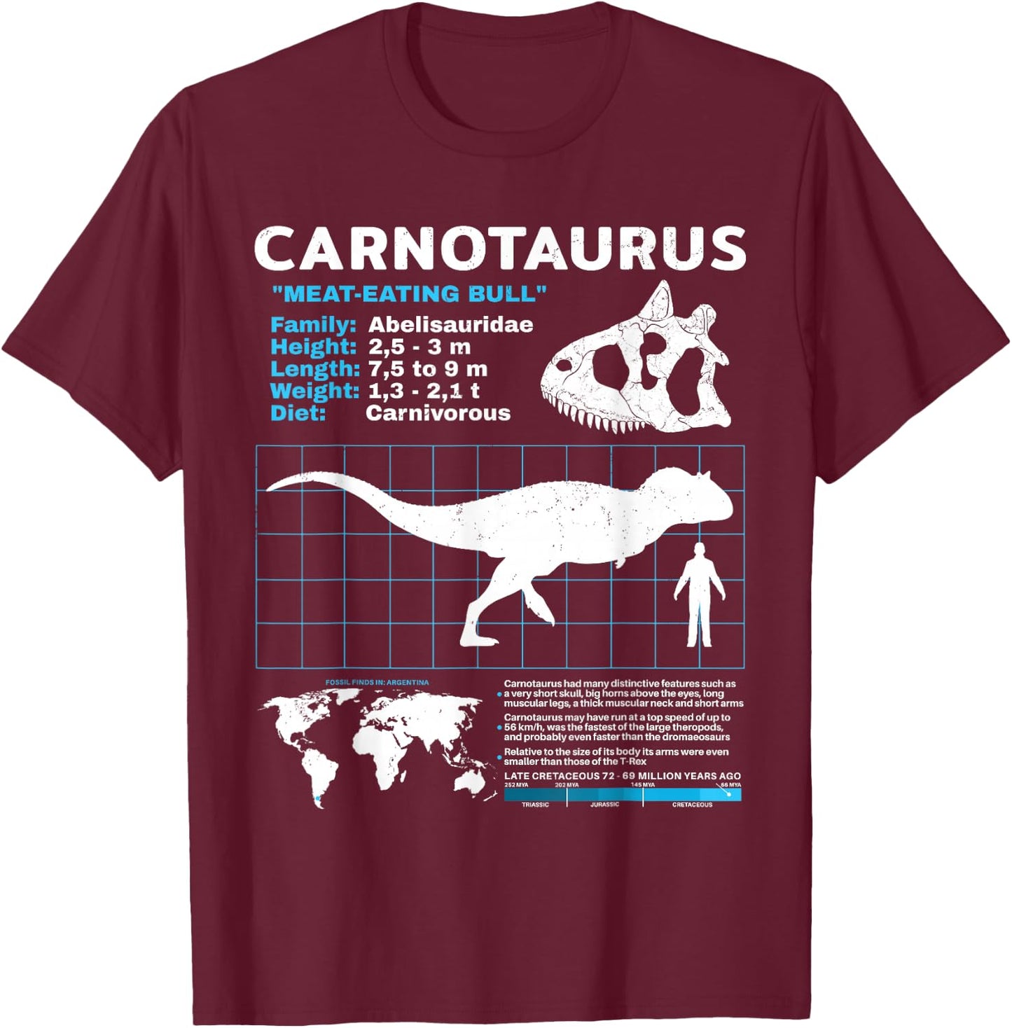 Carnotaurus Fact Sheet Datenblatt Dinosaurier Fakten T-Shirt - T-Shirt | Maroon