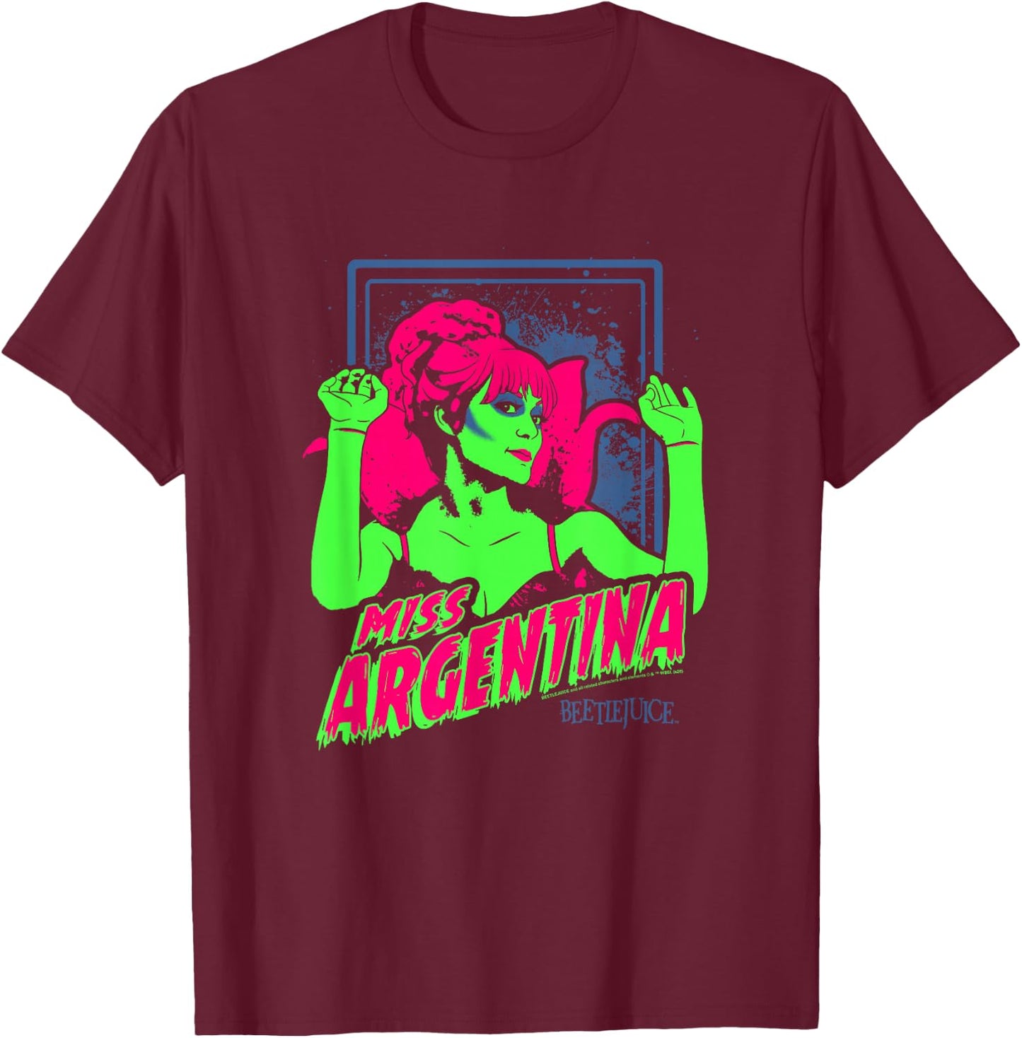 Beetlejuice Neon Vintage Miss Argentina Scary Poster T-Shirt - T-Shirt | Maroon