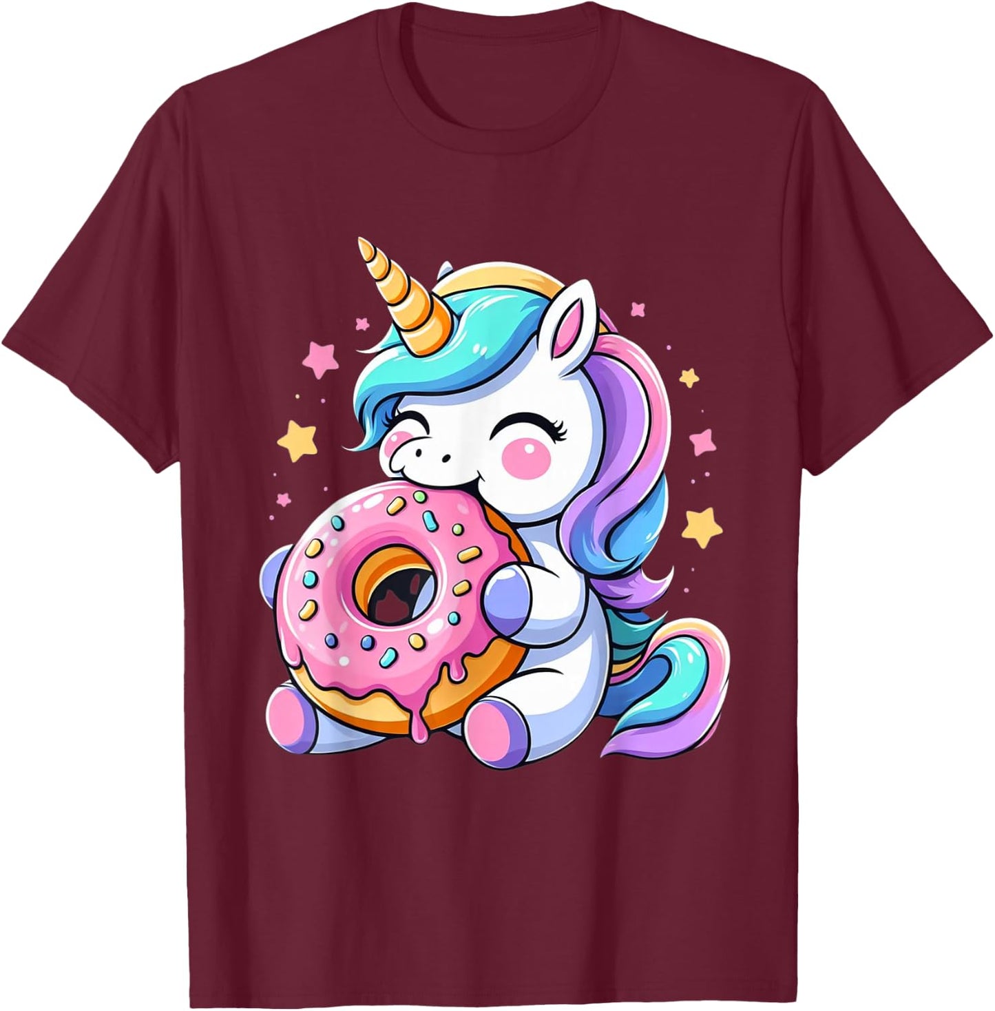 Cute Hungry Unicorn Eating Donut Boys Girls Men Women Kids T-Shirt - T-Shirt | Maroon