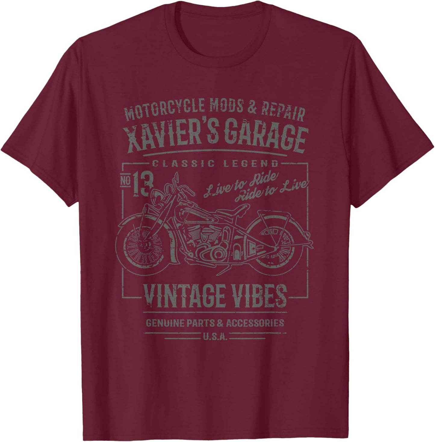 Xavier's Garage Moto Design for the name Xavier T-Shirt - T-Shirt | Maroon
