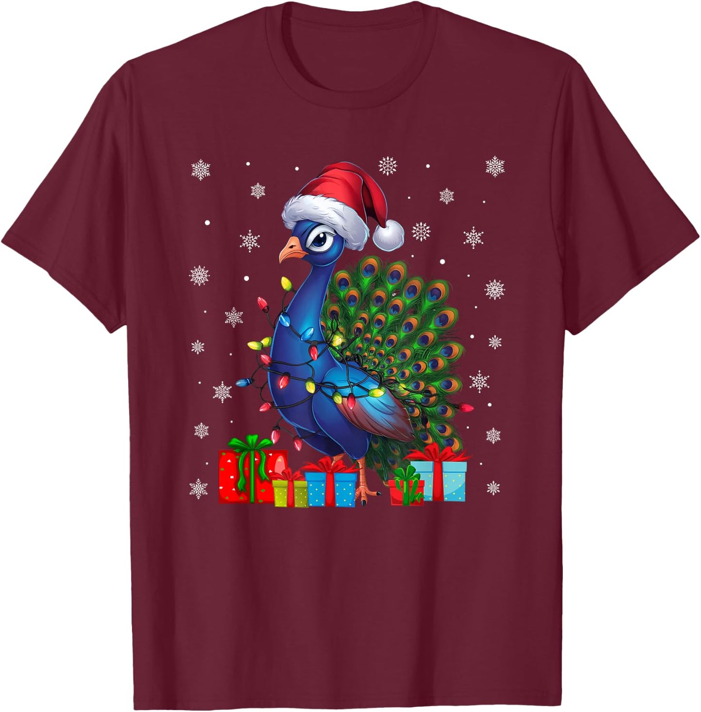 Peacock Ugly Xmas Lights Santa Hat Peacock Christmas T-Shirt - T-Shirt | Maroon