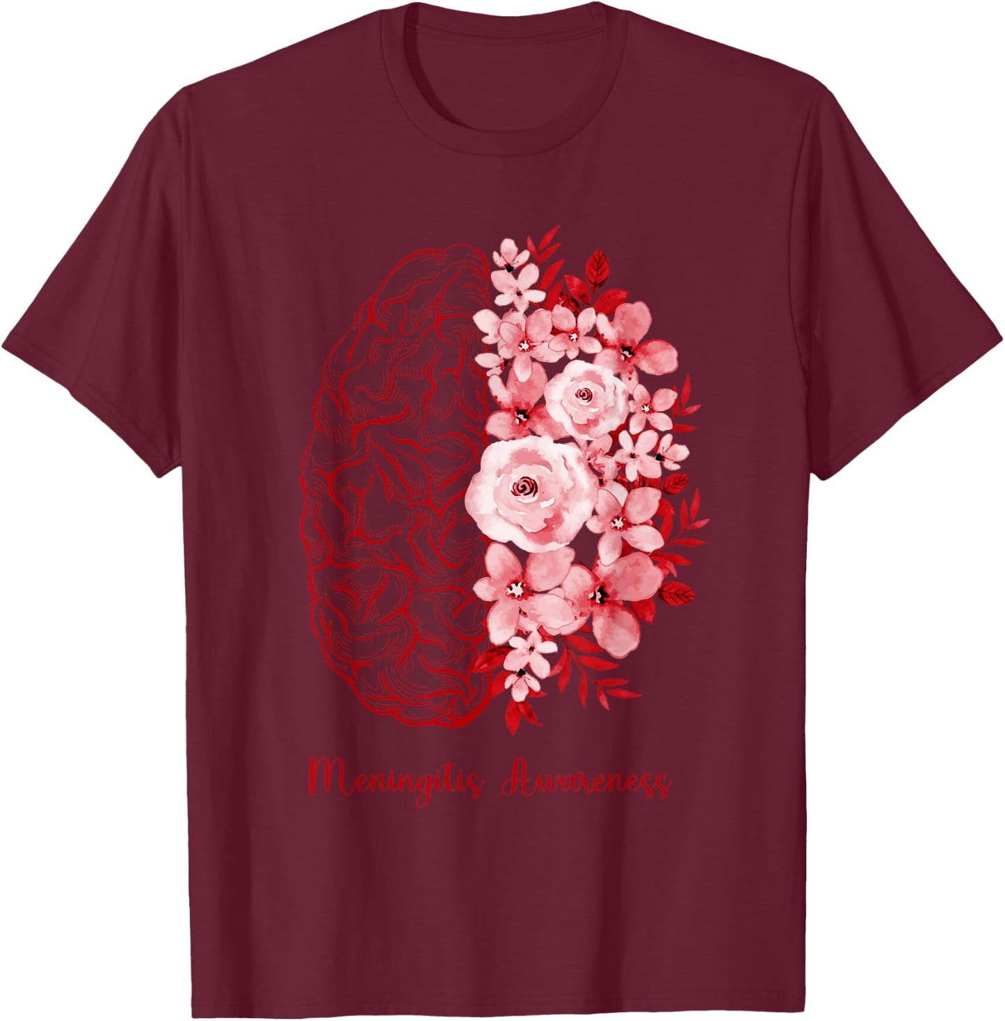 Meningitis Awareness Brain Flower Burgundy Ribbon T-Shirt - T-Shirt | Maroon