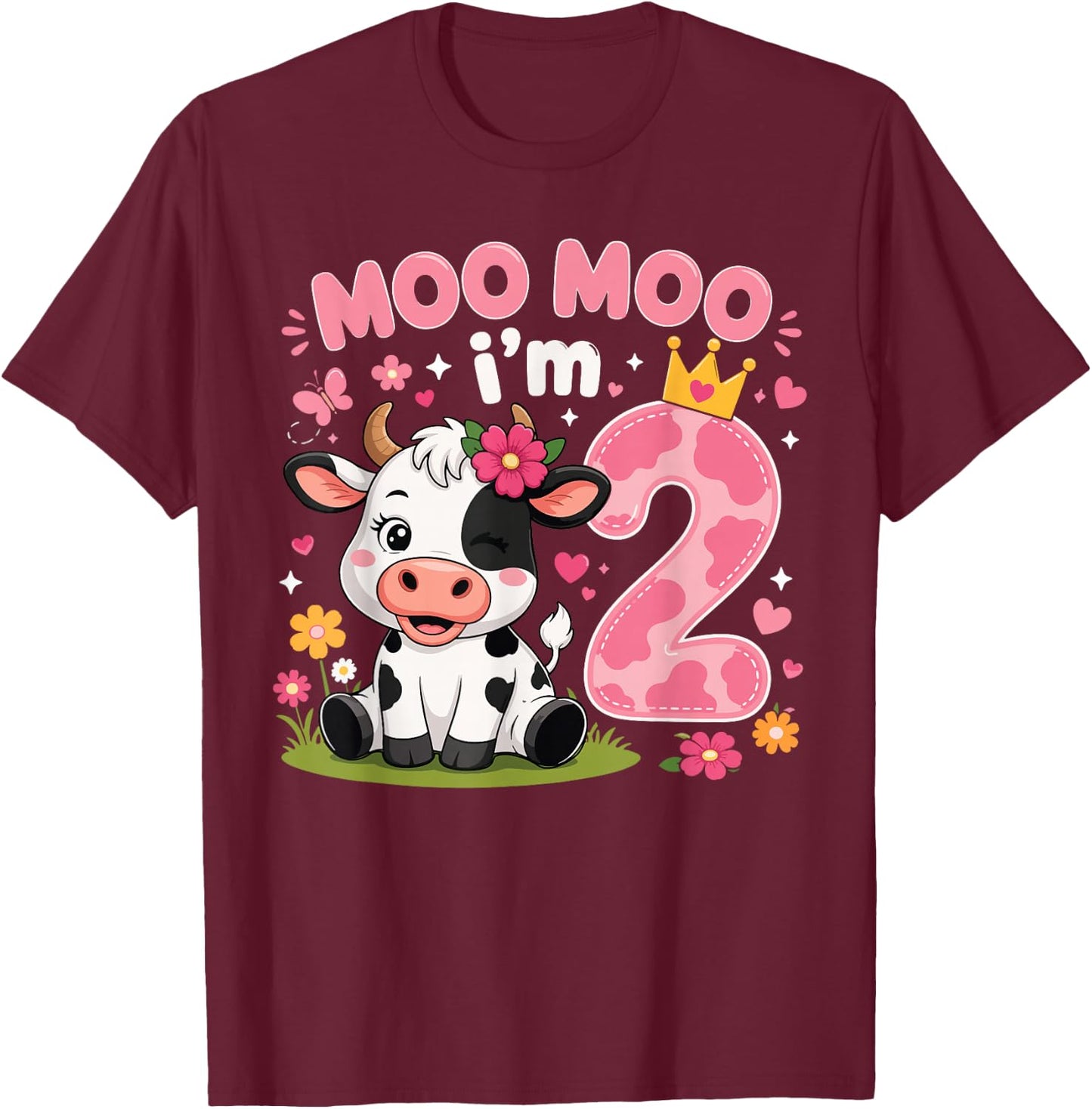 Moo Moo I'm Two 2nd Birthday Cute Cow T-Shirt - T-Shirt | Maroon