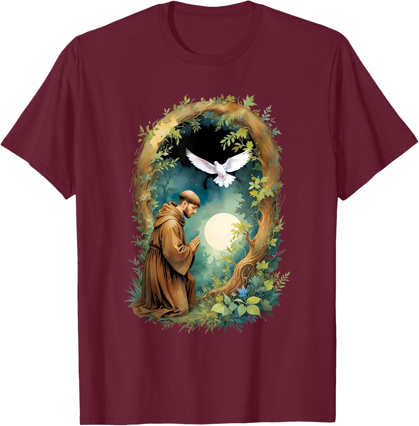 St Francis of Assisi Patron Saint of Animals Holy Catholic T-Shirt - T-Shirt | Maroon