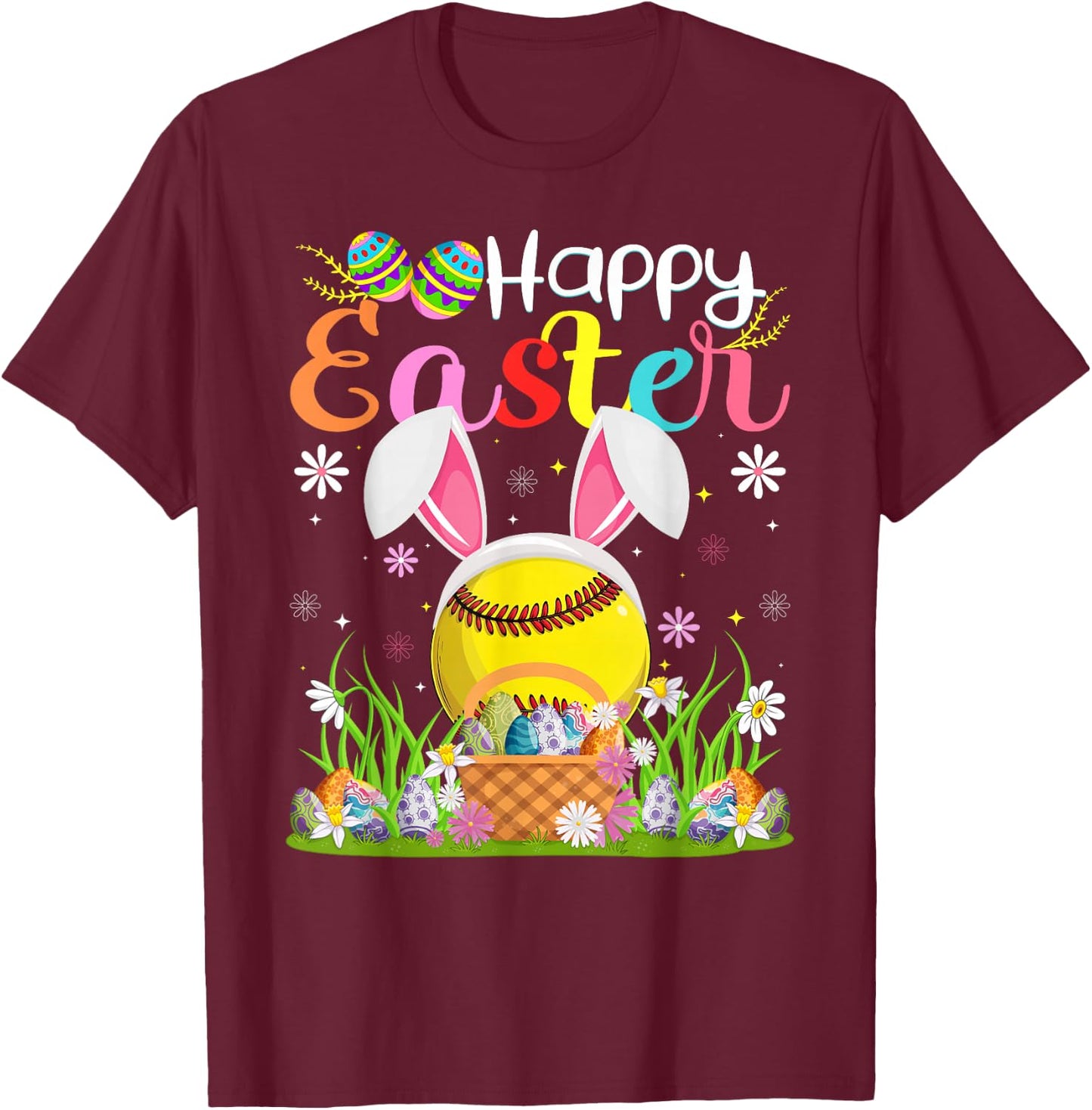 Softball Player Easter Egg Hunt Bunny Ear Softball Easter T-Shirt - T-Shirt | Maroon