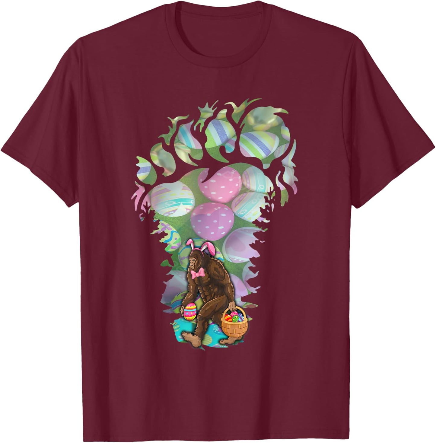 Bigfoot Carring Eggs Easter Bigfoot Easter Costume T-Shirt - T-Shirt | Maroon