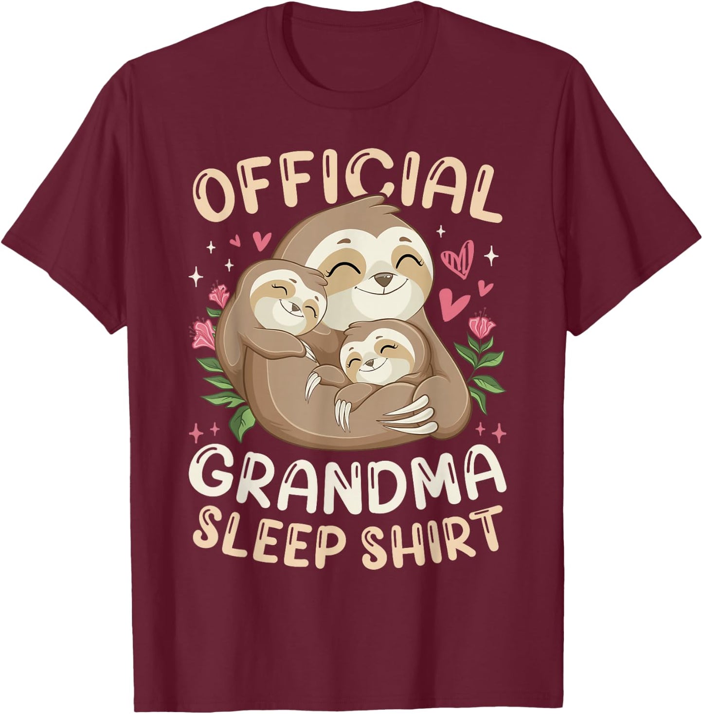 Official Grandma Sleep Shirt, Mother's Day Sloth & Children T-Shirt - T-Shirt | Maroon