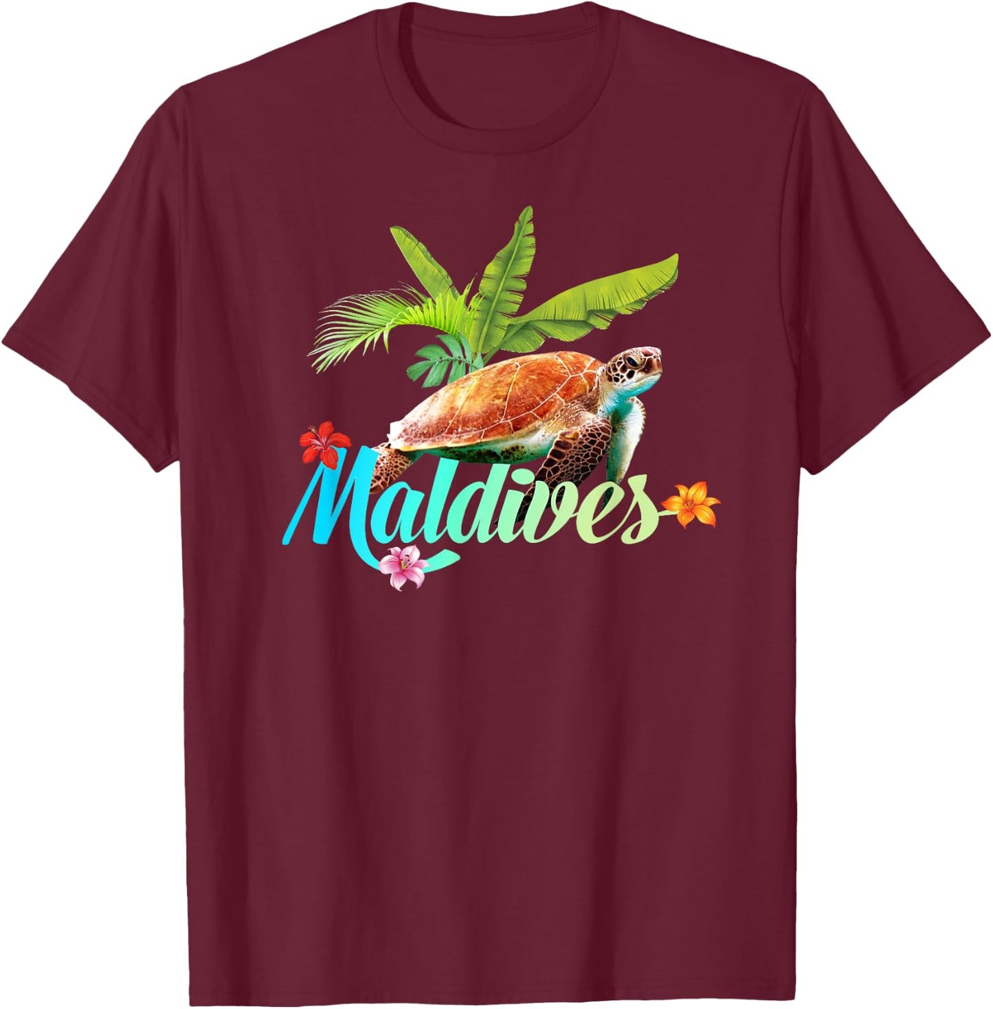 Maldives Sea Turtle Hibiscus Island Gift Beach Souvenir Palm T-Shirt - T-Shirt | Maroon