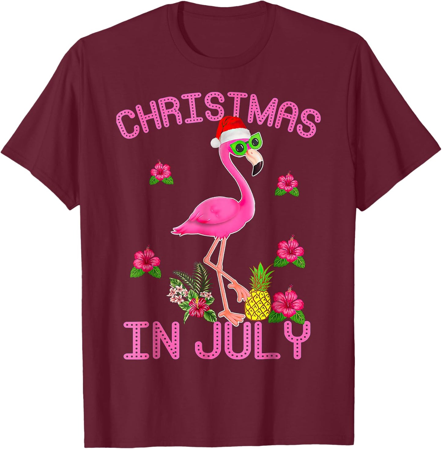 Christmas In July Pink Flamingo T-Shirt - T-Shirt | Maroon
