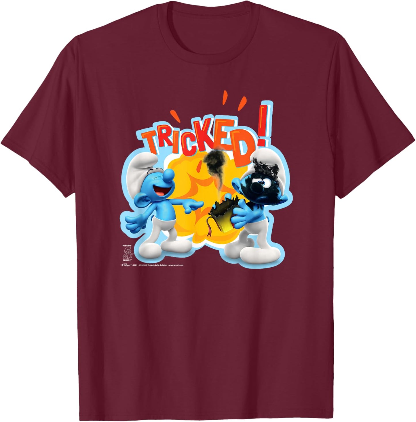 The Smurfs Jokey Exploding Present Tricked! T-Shirt - T-Shirt | Maroon