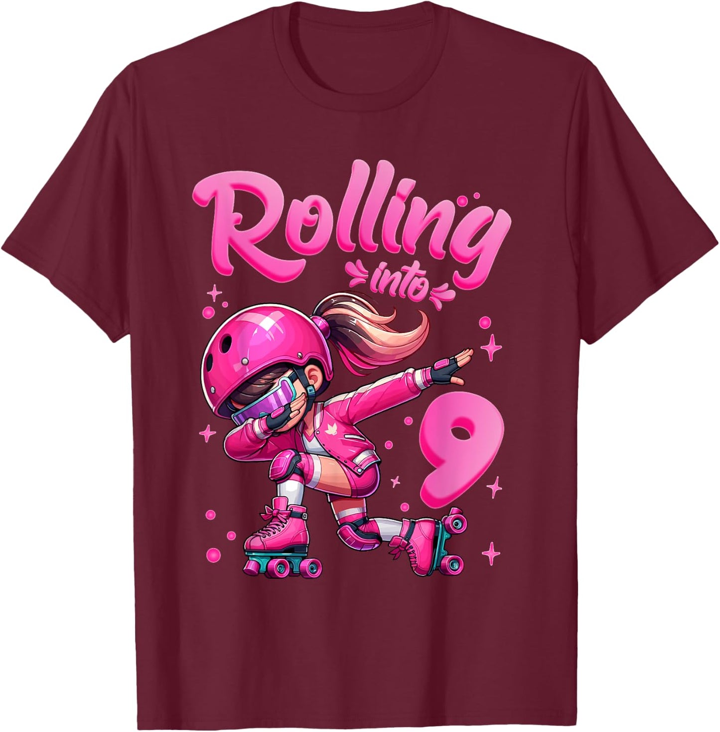 Roller Skating Girl Birthday Kids 9th Birthday Party T-Shirt - T-Shirt | Maroon