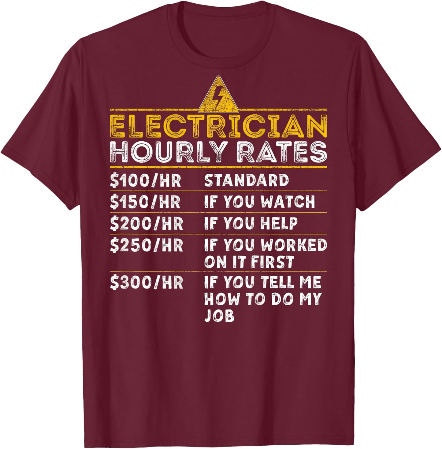 BACK PRINT Funny Electrician Hourly Rate Vintage Lineman T-Shirt - T-Shirt | Maroon