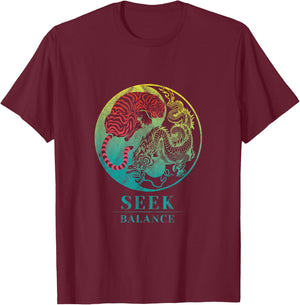 Yin Yang Symbol Dragon Tiger Seek Balance Male Female T-Shirt - T-Shirt | Maroon