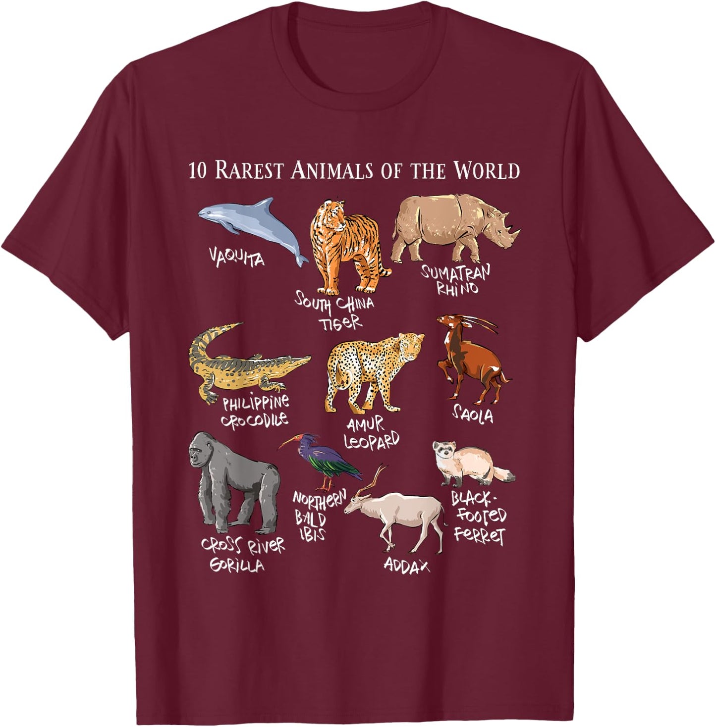 10 Rarest Animals of the World - Save the Endangered Fauna T-Shirt - T-Shirt | Maroon